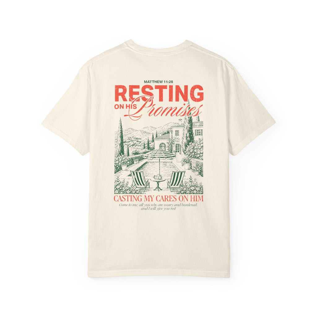 Resting on his promises Christian t-shirt for women Ivory Color faith-based apparel from Divinely Good 
