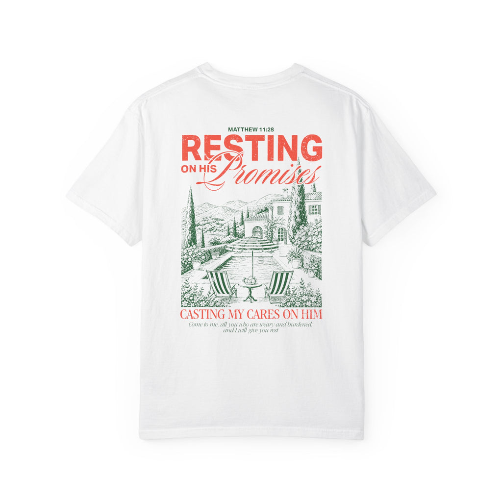 Resting on his promises Christian t-shirt for women White Color faith-based apparel from Divinely Good 
