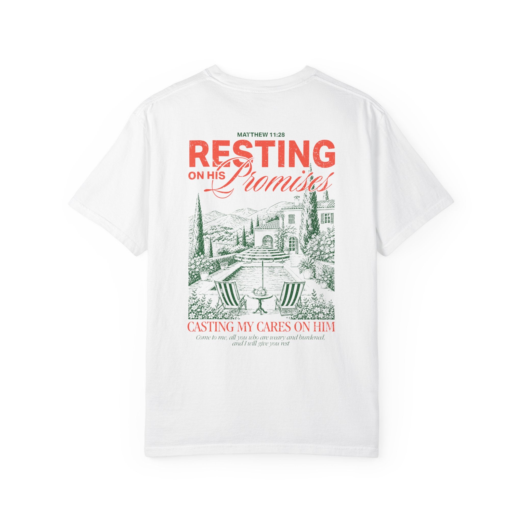 Resting on his promises Christian t-shirt for women White Color faith-based apparel from Divinely Good 
