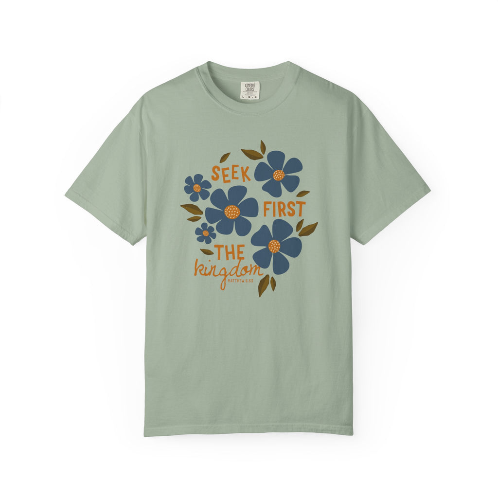 Seek First The Kingdom Unisex Bay T-shirt  Front View Divinely Good Christian Apparel