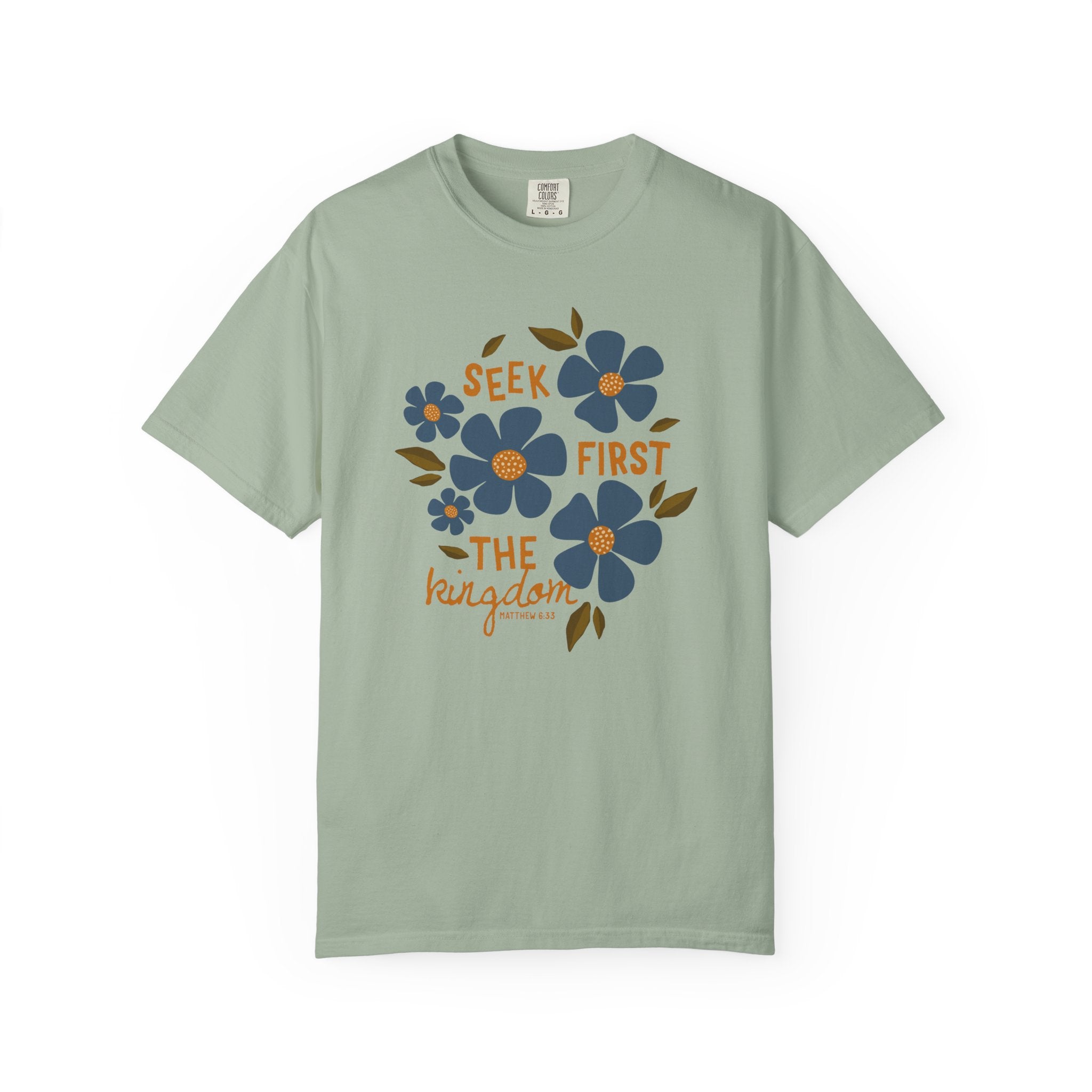Seek First The Kingdom Unisex Bay T-shirt  Front View Divinely Good Christian Apparel