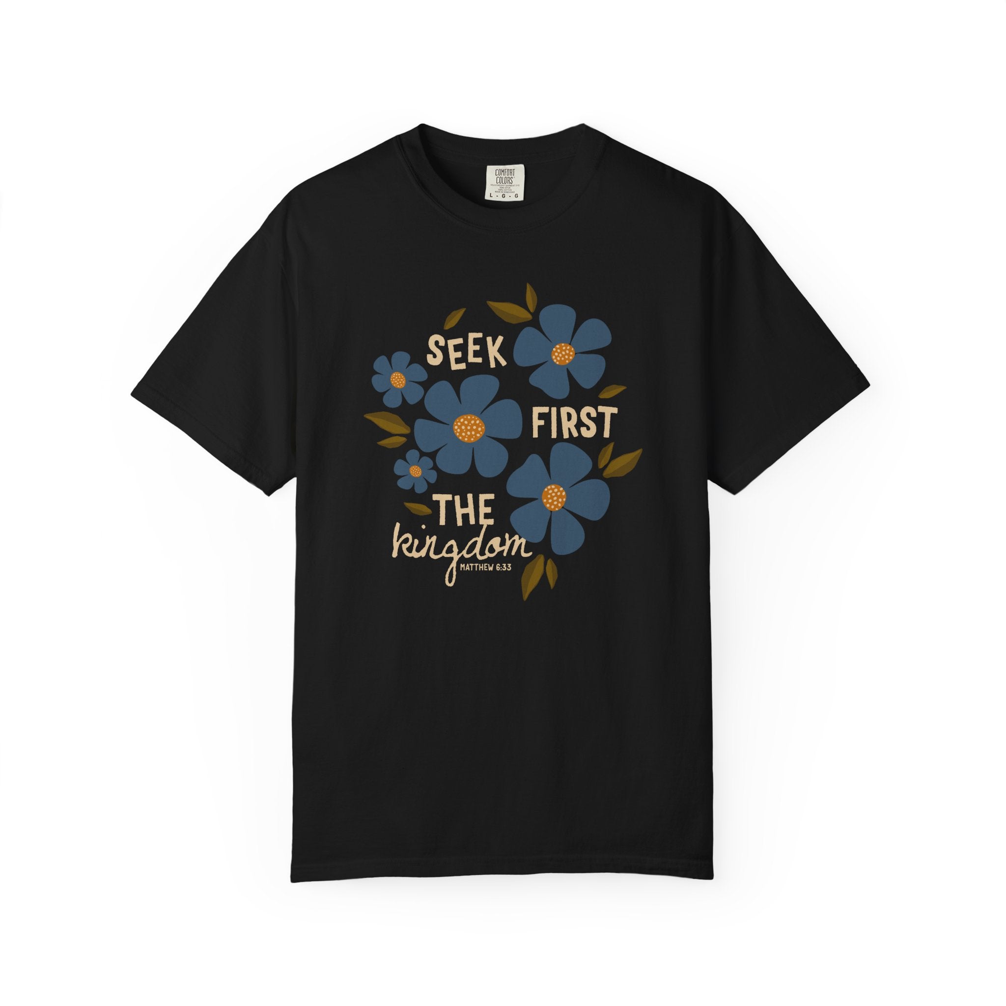 Seek First The Kingdom Unisex Black T-shirt  Front View Divinely Good Christian Apparel