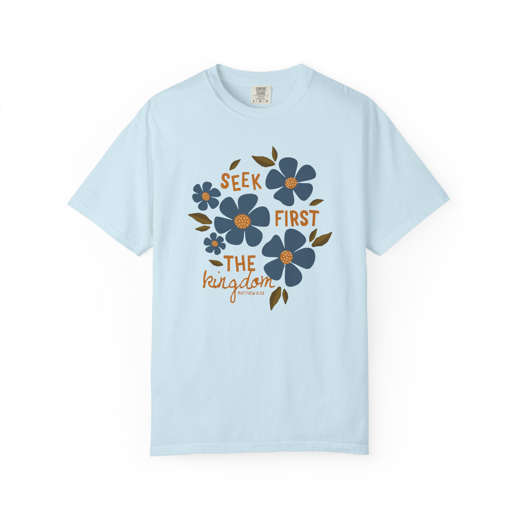 Seek First The Kingdom Unisex Chambray T-shirt  Front View Divinely Good Christian Apparel