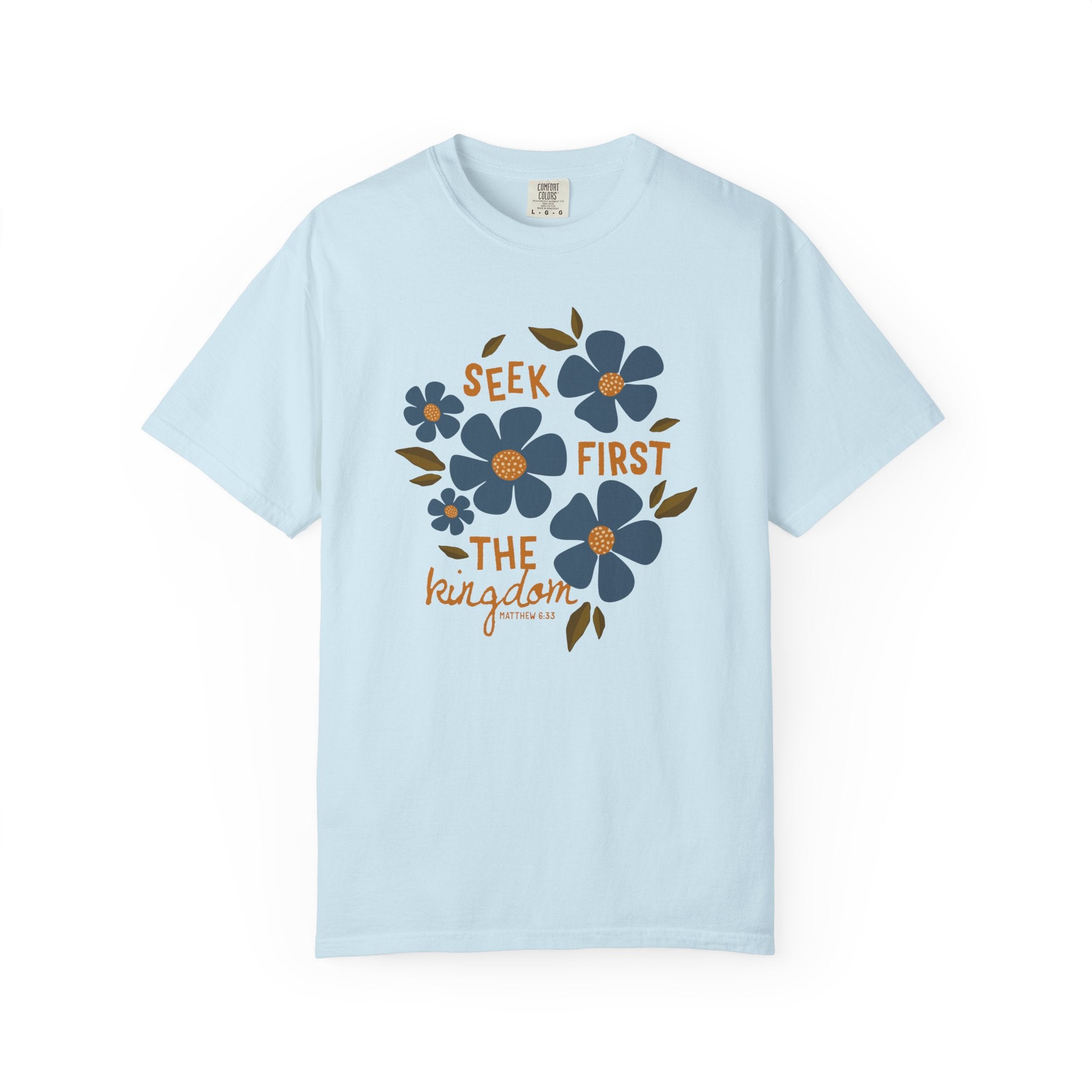 Seek First The Kingdom Unisex Chambray T-shirt  Front View Divinely Good Christian Apparel