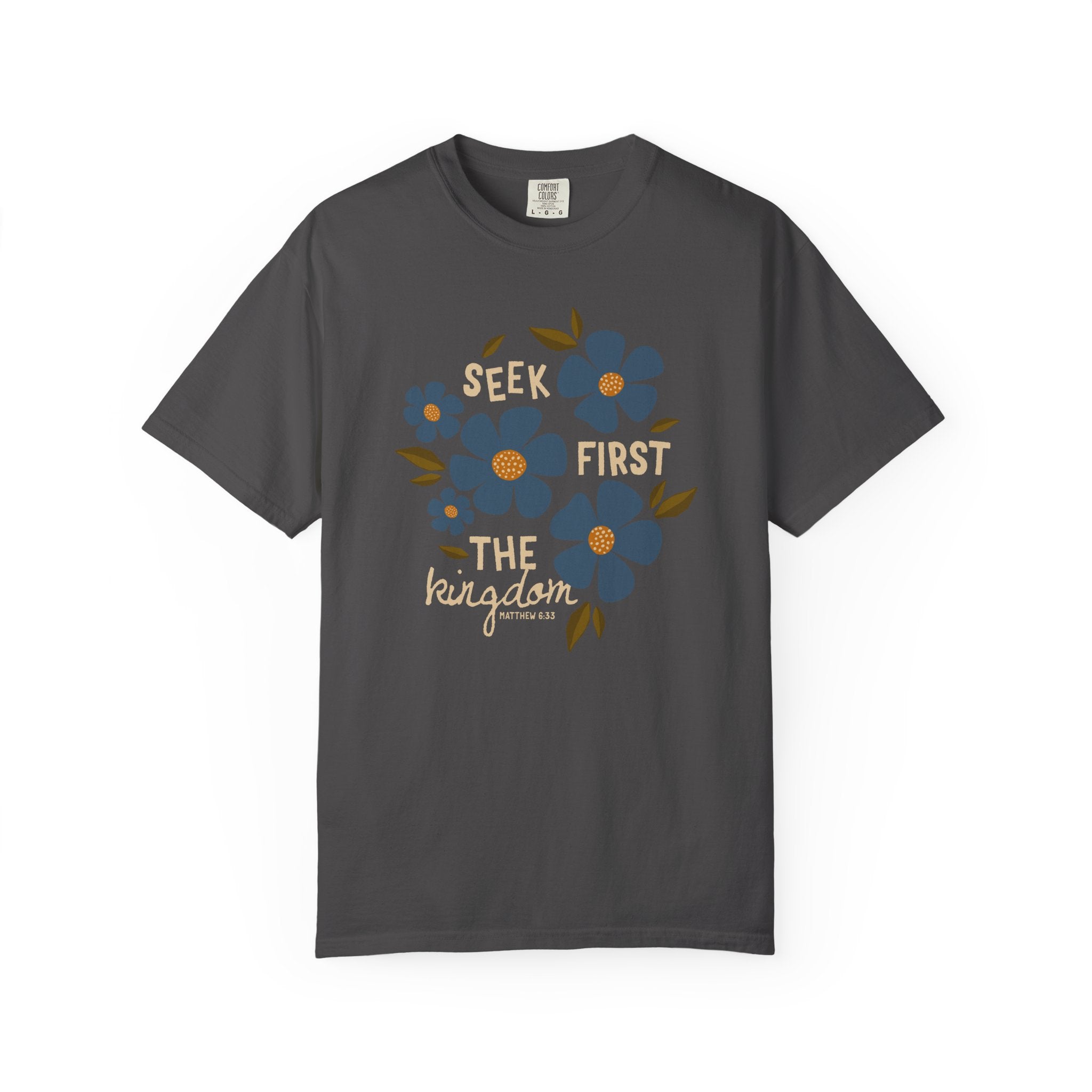 Seek First The Kingdom Unisex Graphite T-shirt  Front View Divinely Good Christian Apparel 