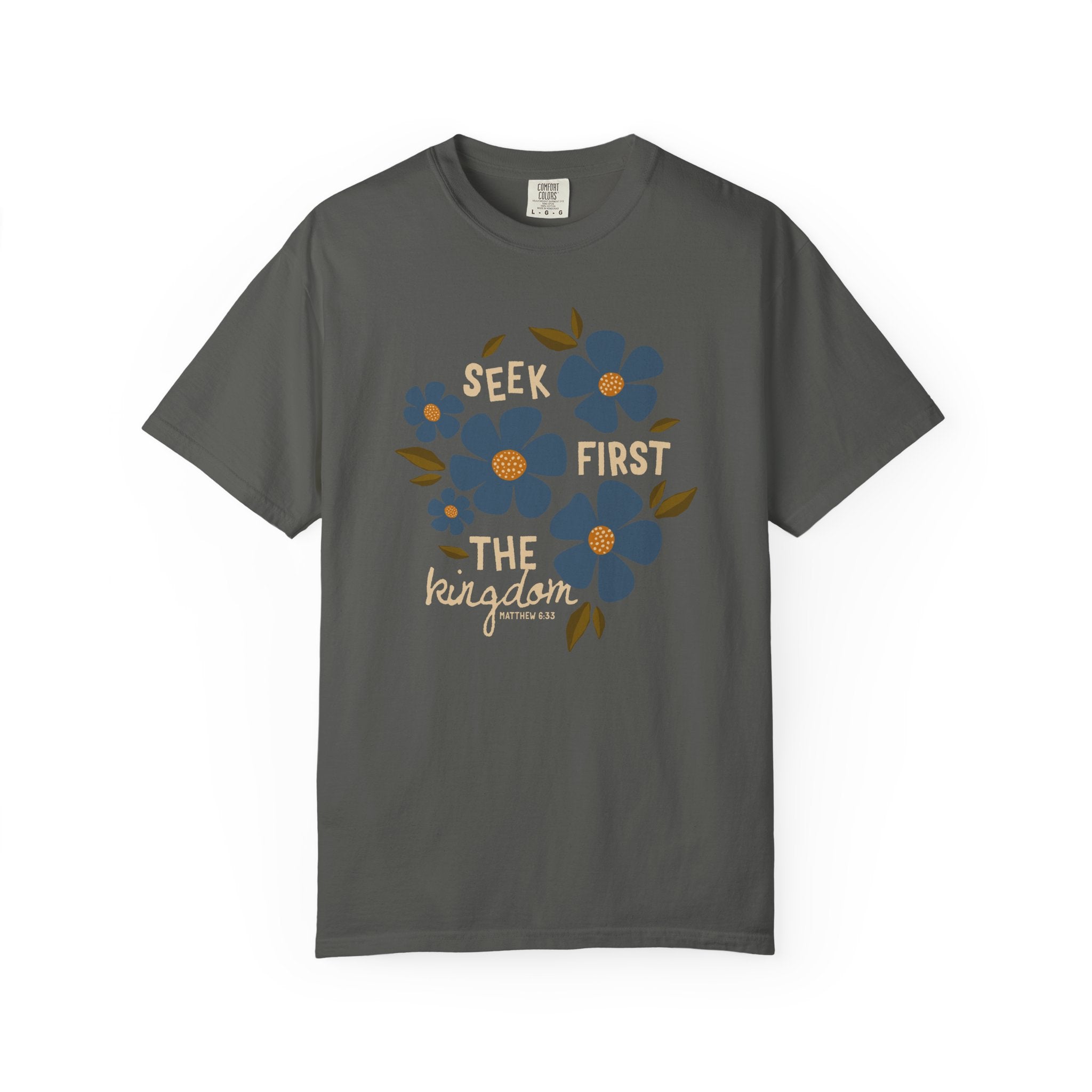 Seek First The Kingdom Unisex Pepper T-shirt  Front View Divinely Good Christian Apparel