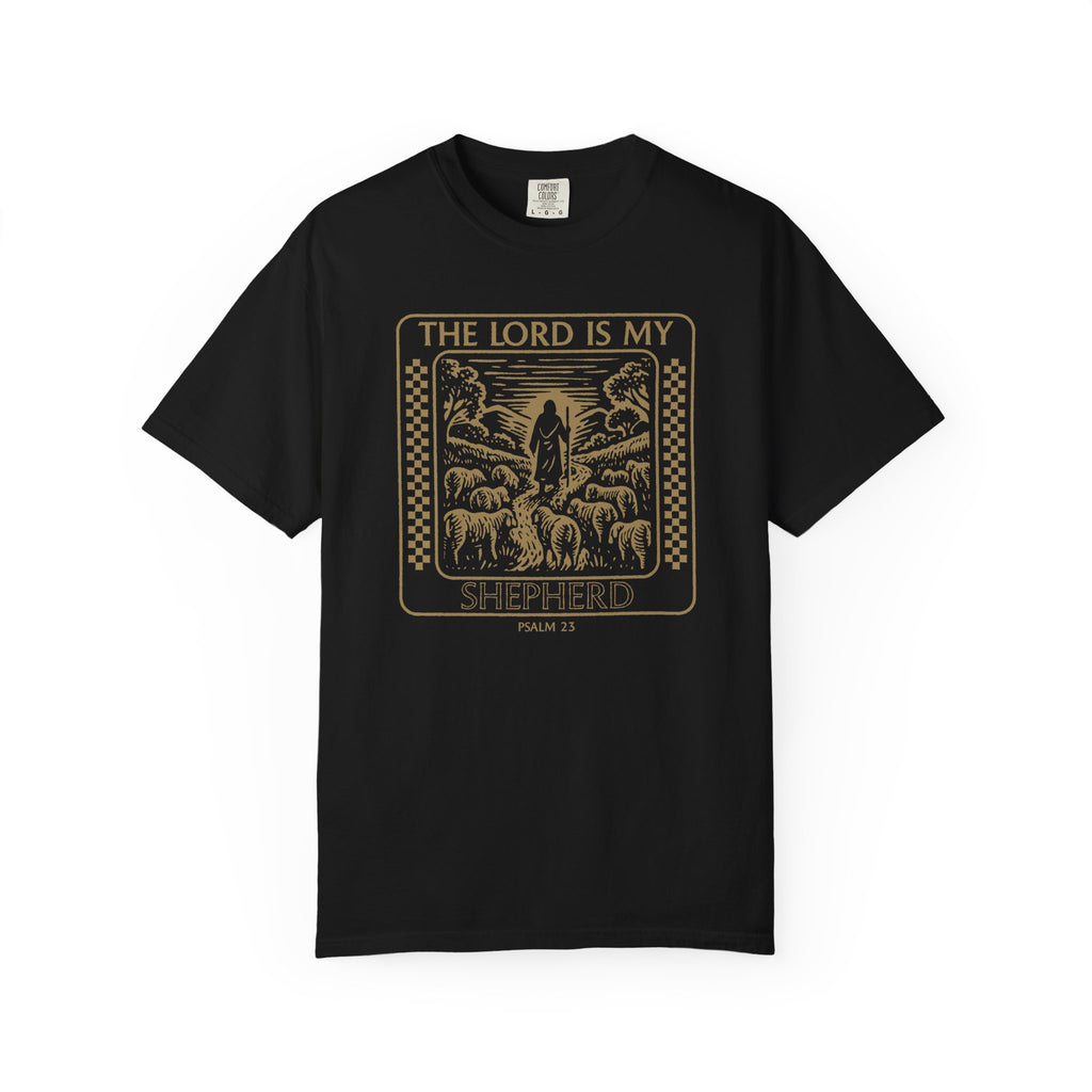 The Lord Is My Shepherd Psalm 23 Black Color T-shirt  Front View Divinely Good Faith Based Christian Apparel 