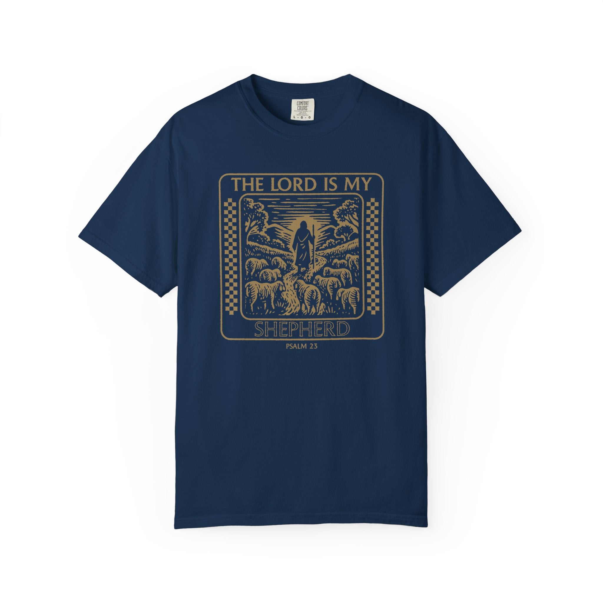 The Lord Is My Shepherd Psalm 23 Navy Color T-shirt  Front View Divinely Good Faith Based Christian Apparel 