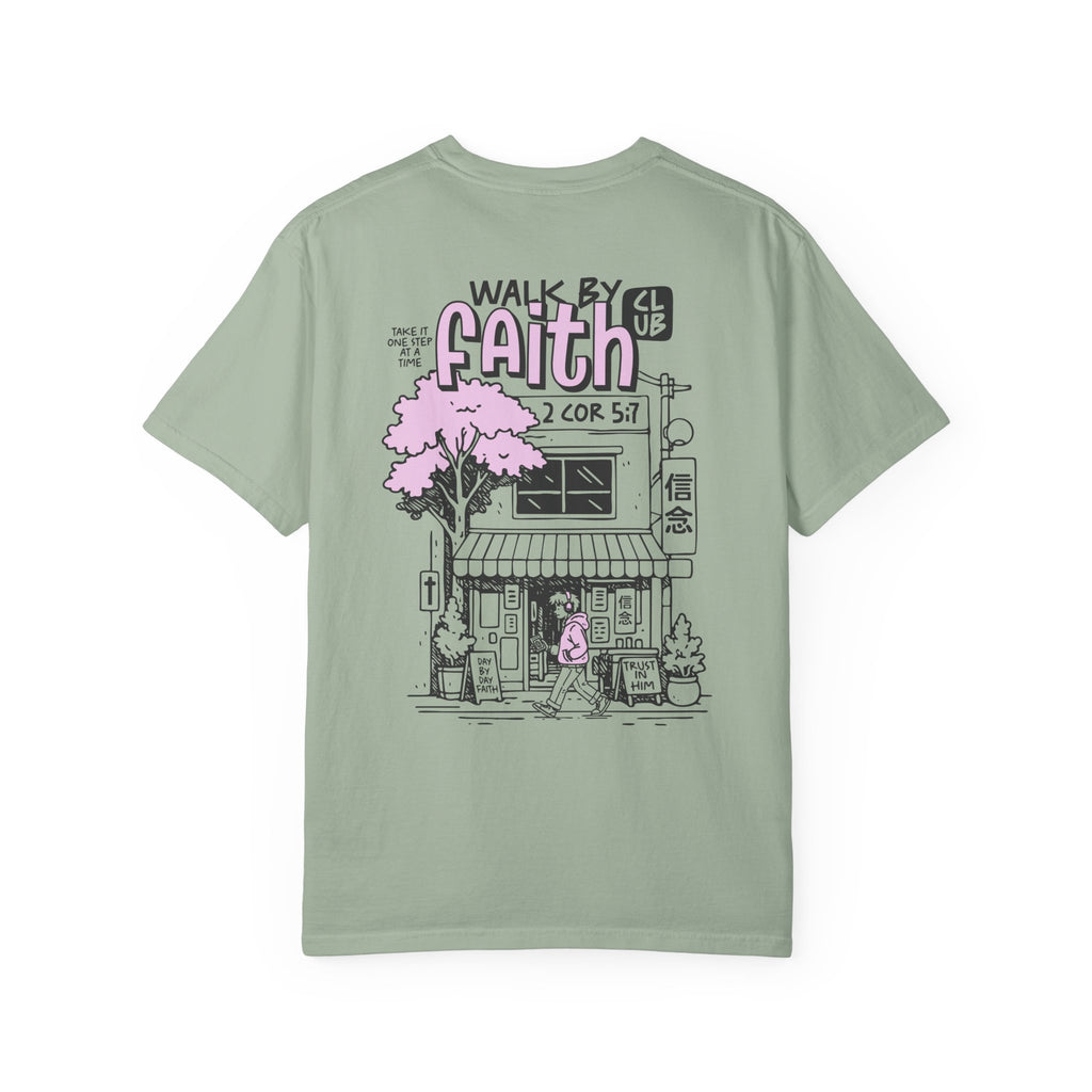 Walk By Faith Unisex Bay T-Shirt  Back View Divinely Good Christian Faith Based Apparel