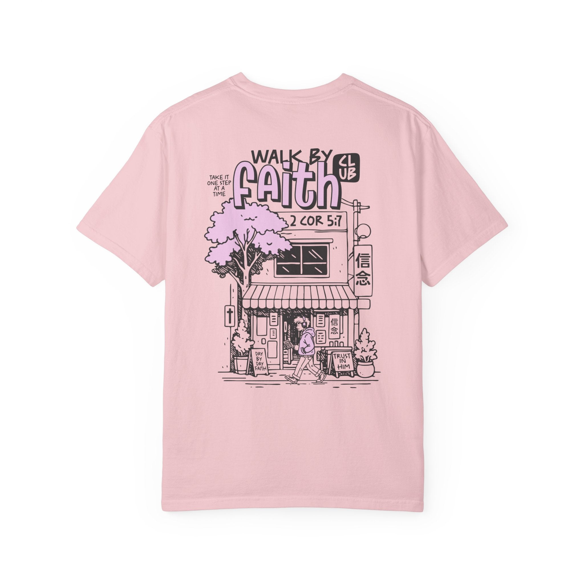Walk By Faith Unisex Blossom T-Shirt  Back View Divinely Good Christian Faith Based Apparel