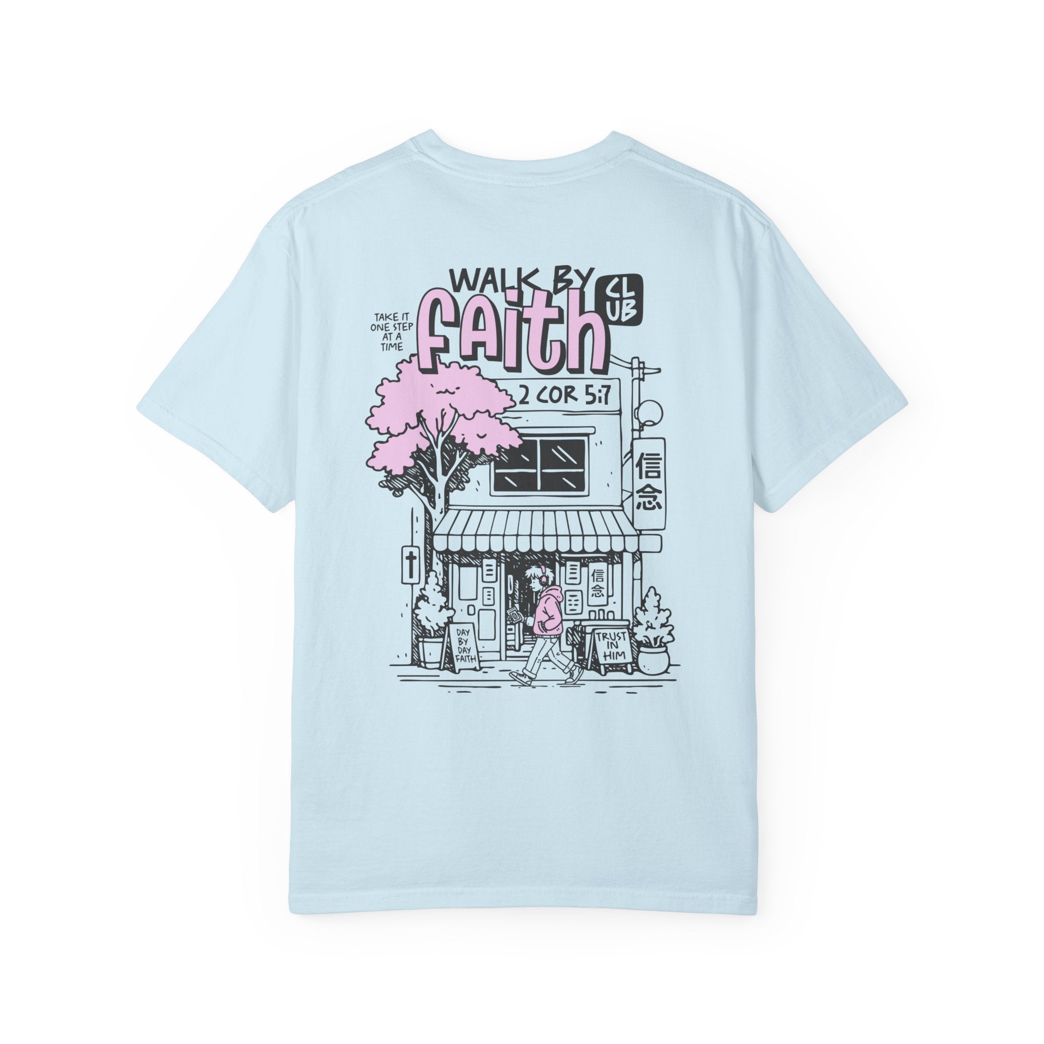 Walk By Faith Unisex Chambray T-Shirt  Back View Divinely Good Christian Faith Based Apparel