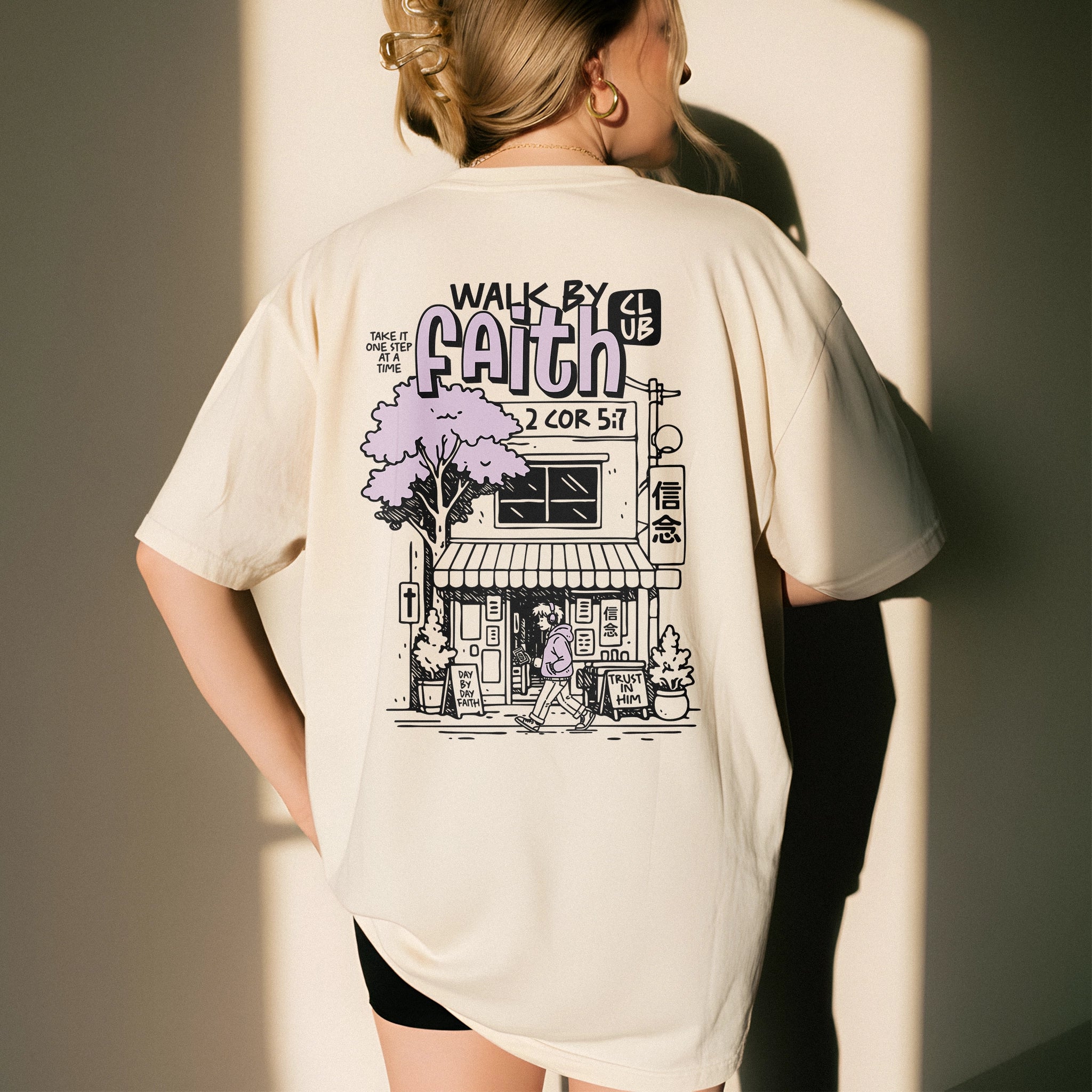 Walk By Faith Unisex Ivory Women's T-Shirt  Back View Divinely Good Christian Faith Based Apparel